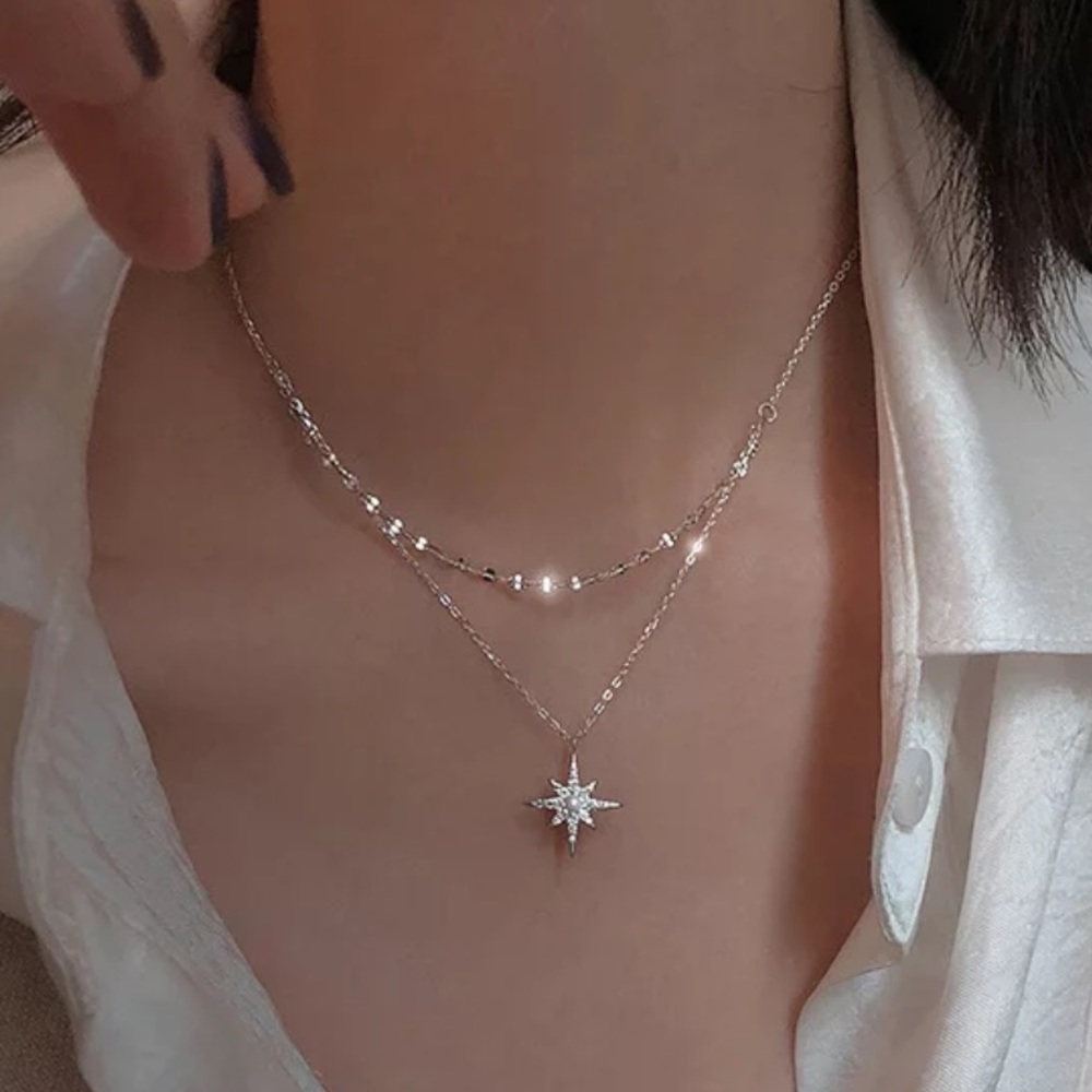 NEW 925 STERLING SILVER MOON DOUBLE LAYER NECKLACE